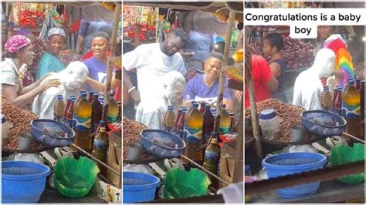 “Na Wa O”: People Transform Man’s Face With White Powder After His Wife Gave Birth, Market Women Celebrate
